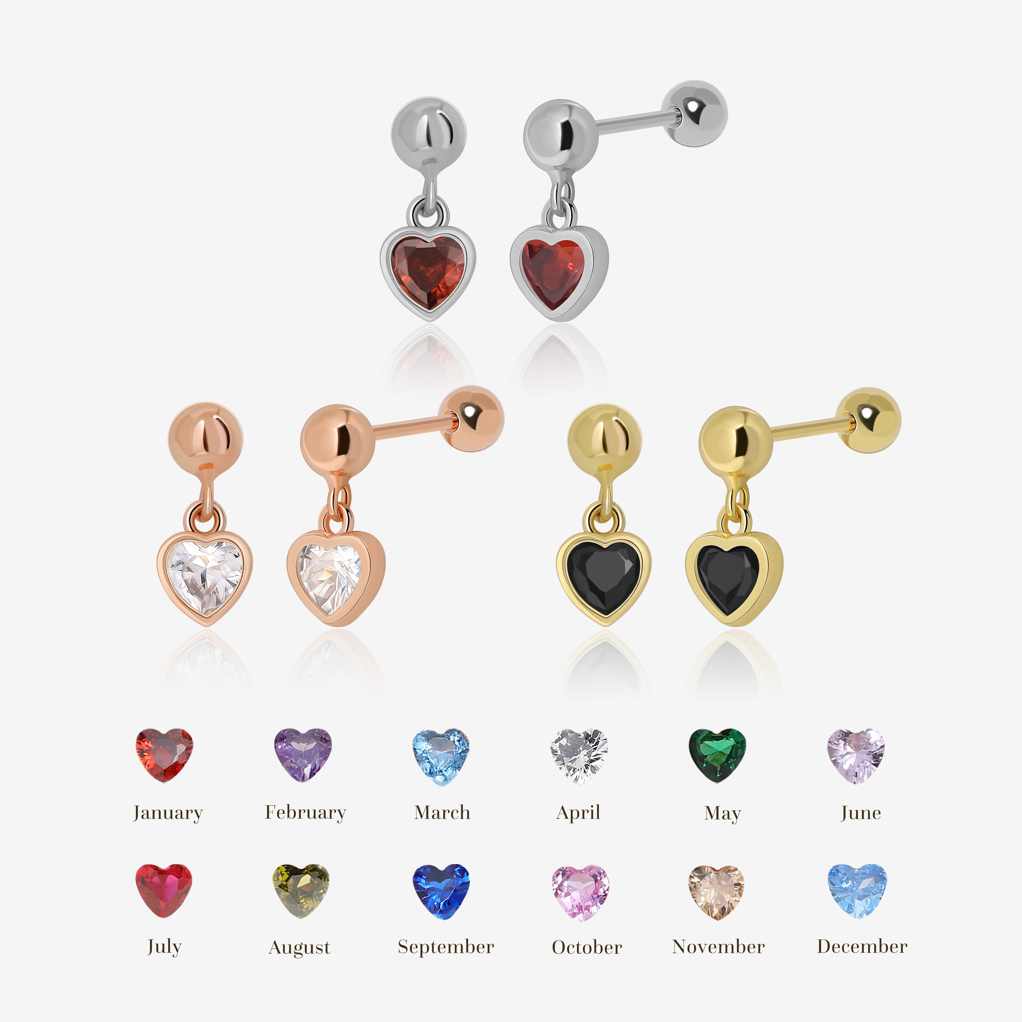 Birthstone Heart Screw Back Earrings